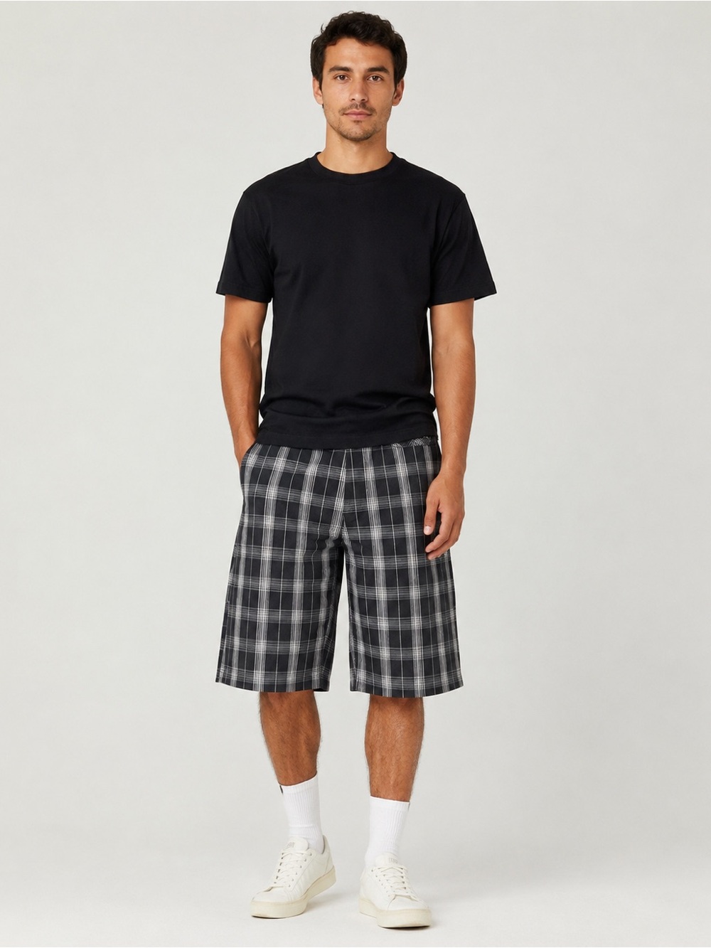 Genuine Dickies Men's Size 36 Black Grey Plaid Longline Bermuda Shorts